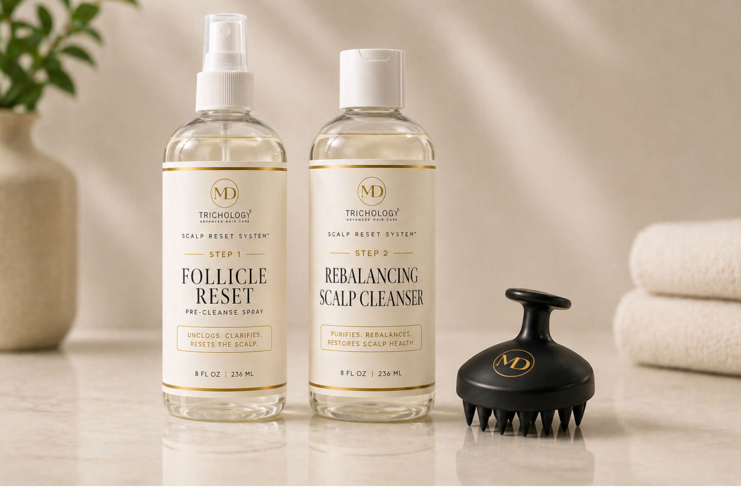 MD Trichology Scalp Reset System Bundle (Steps 1 and 2 Plus Exfoliating Tool)